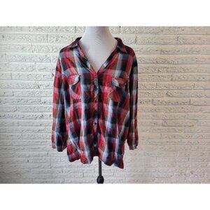 Cato Womens Shirt 26W 28W Plus Roll Tab Sleeve Collar Red Plaid Button PLA119E